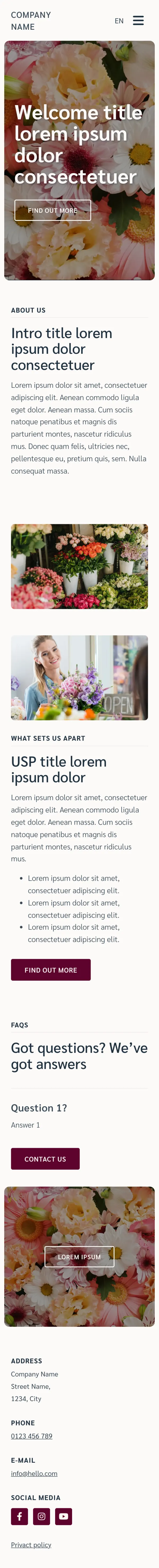 Example website on a phone: a photo banner with a headline, then an about section, photos, what sets the business apart, questions and answers, and contact details.